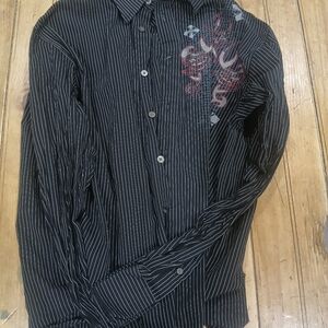 Eighty Eight Black Pinstripe Men's Shirt with Red Accents Y2K Design Size M